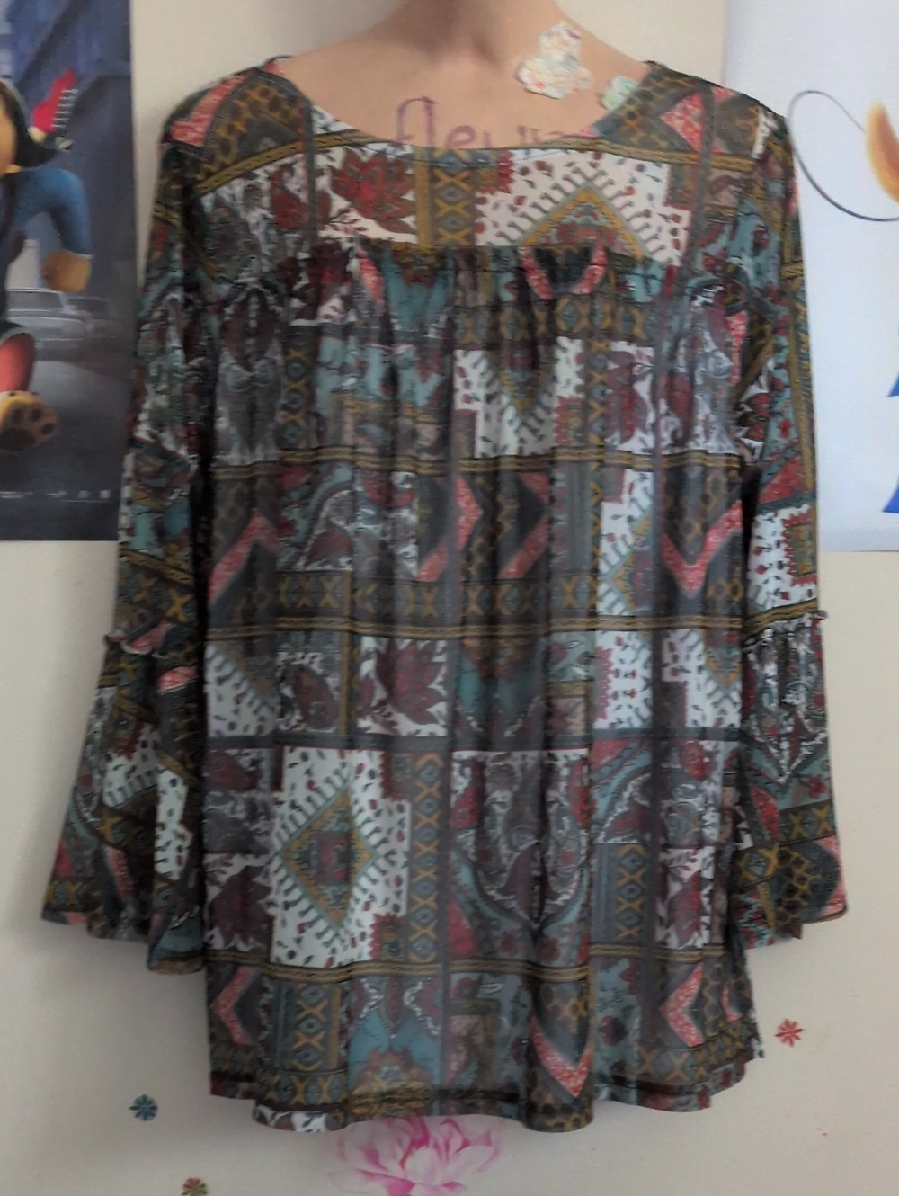 Bobbie Brooks Multicolor Patchwork Peasant Boho Blouse Size XL